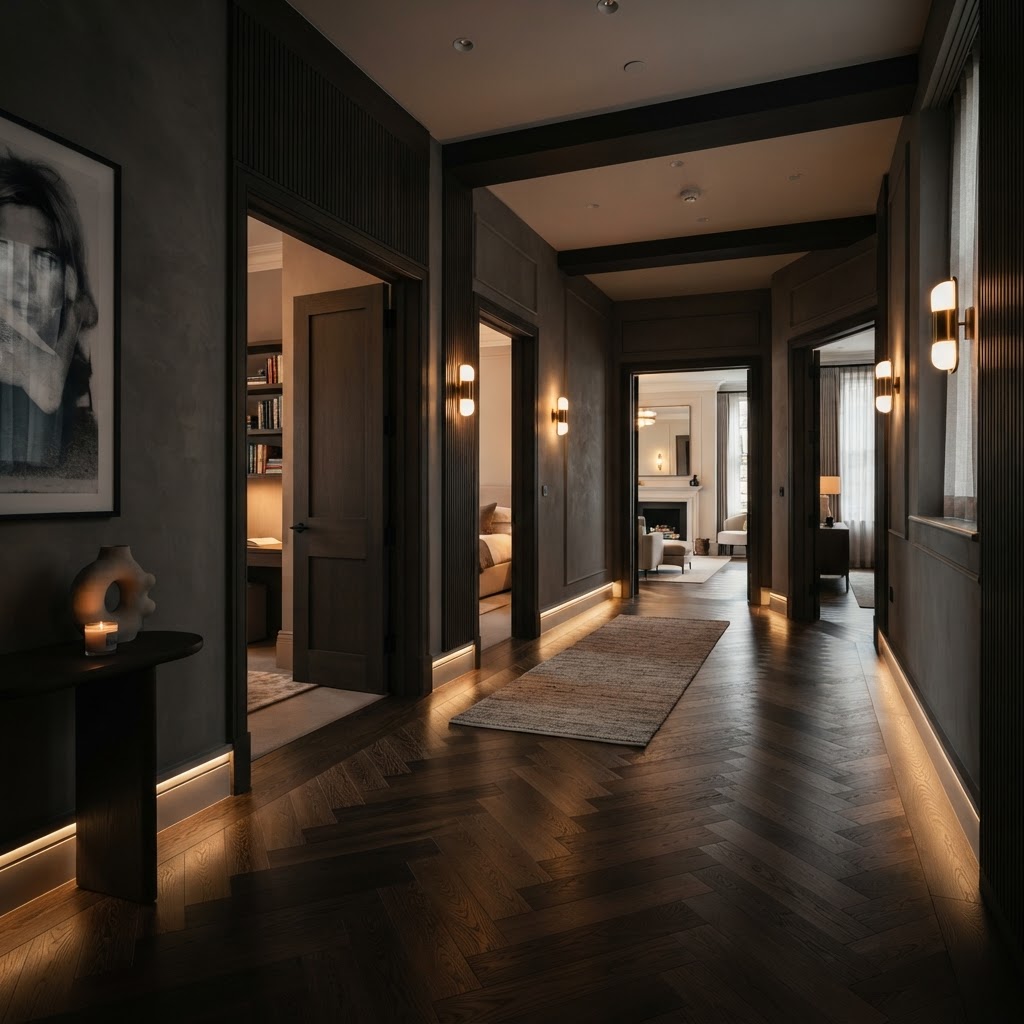 Hallway floor flowing towards multiple rooms.