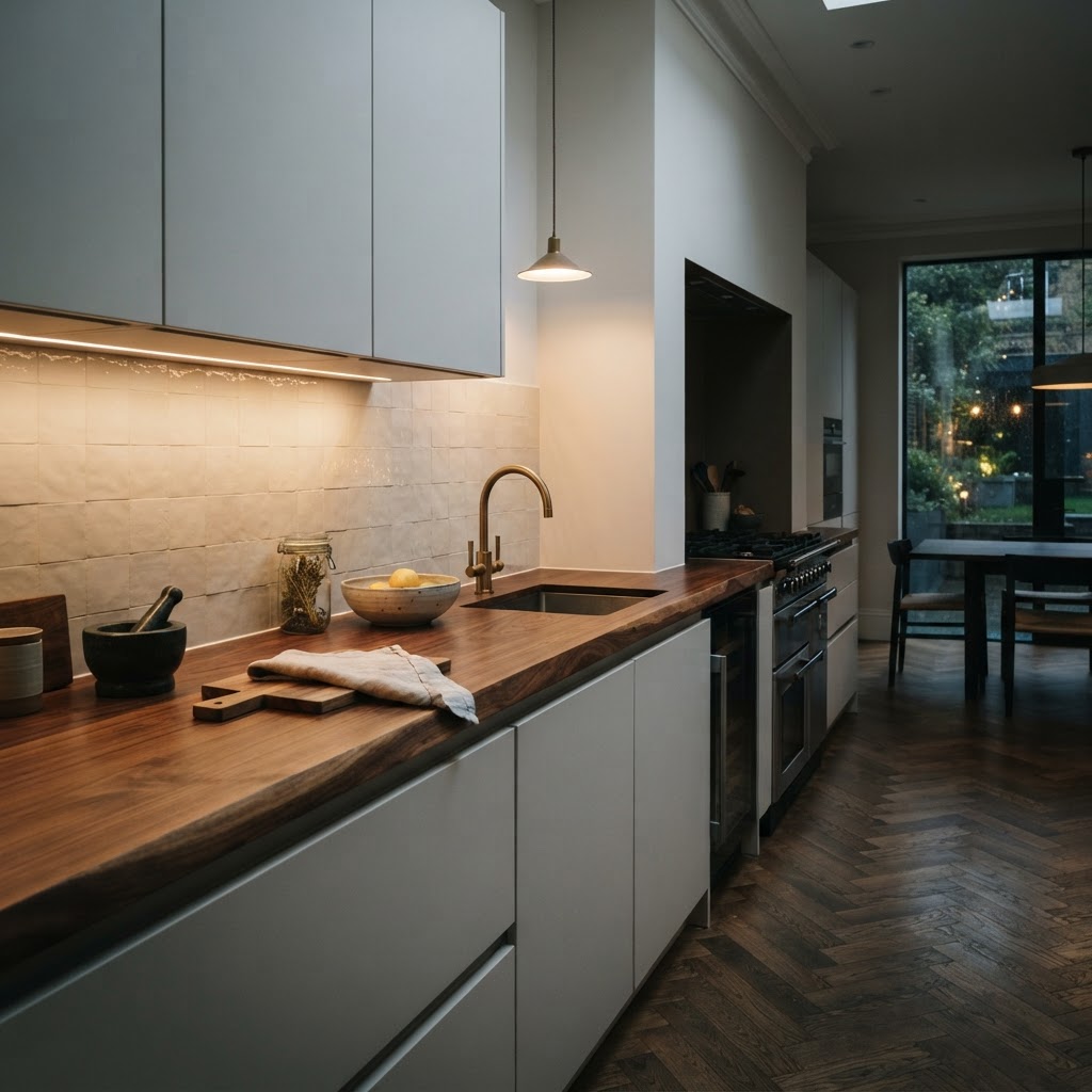 Rich timber worktop in light kitchen.