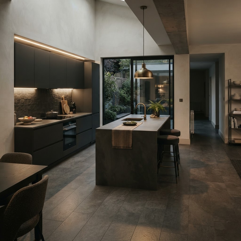Stone/concrete-effect LVT in modern kitchen.