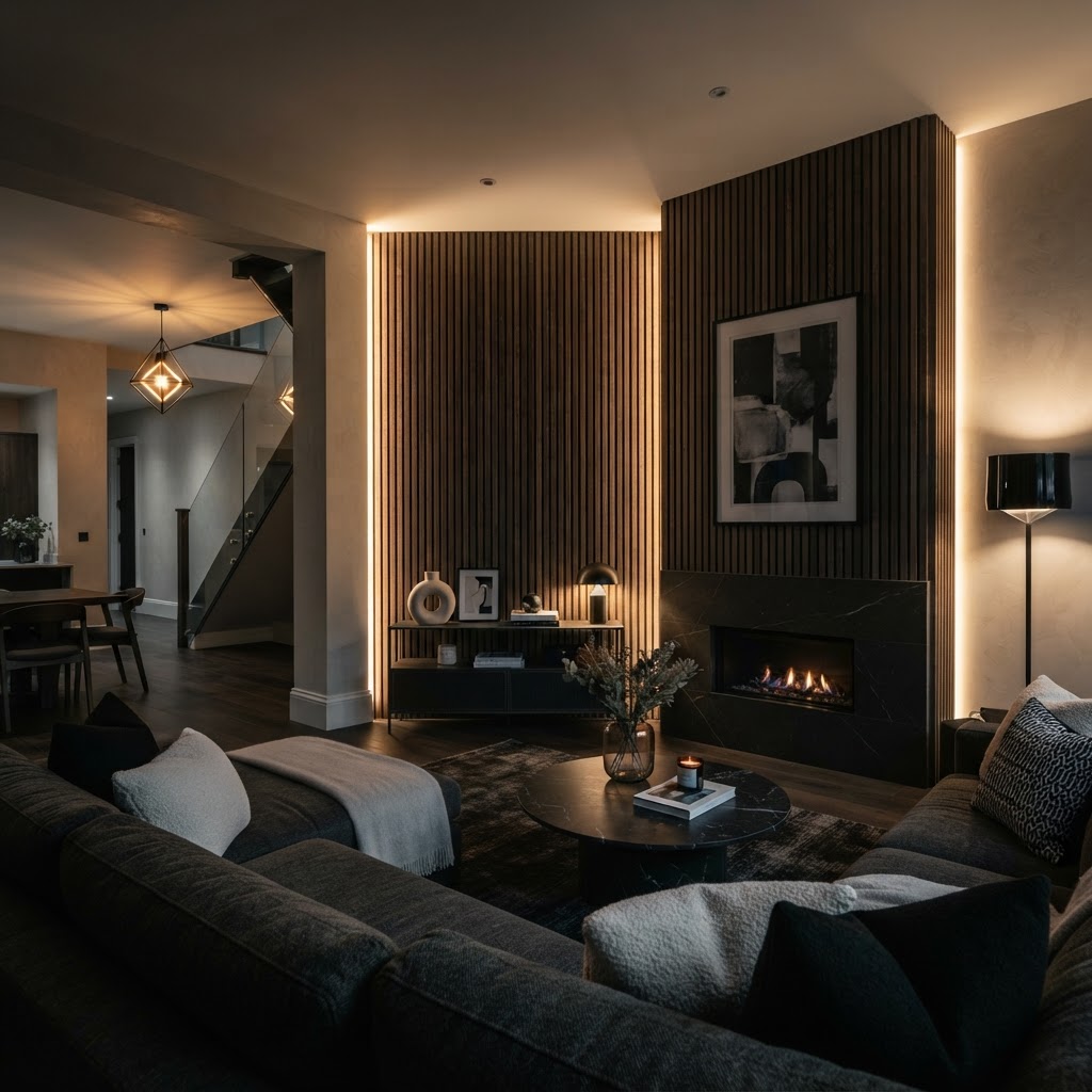 Slatted or panelled feature wall highlighted by warm LED lighting.