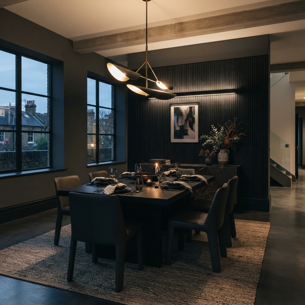 Dining room with dark architectural feature wall.