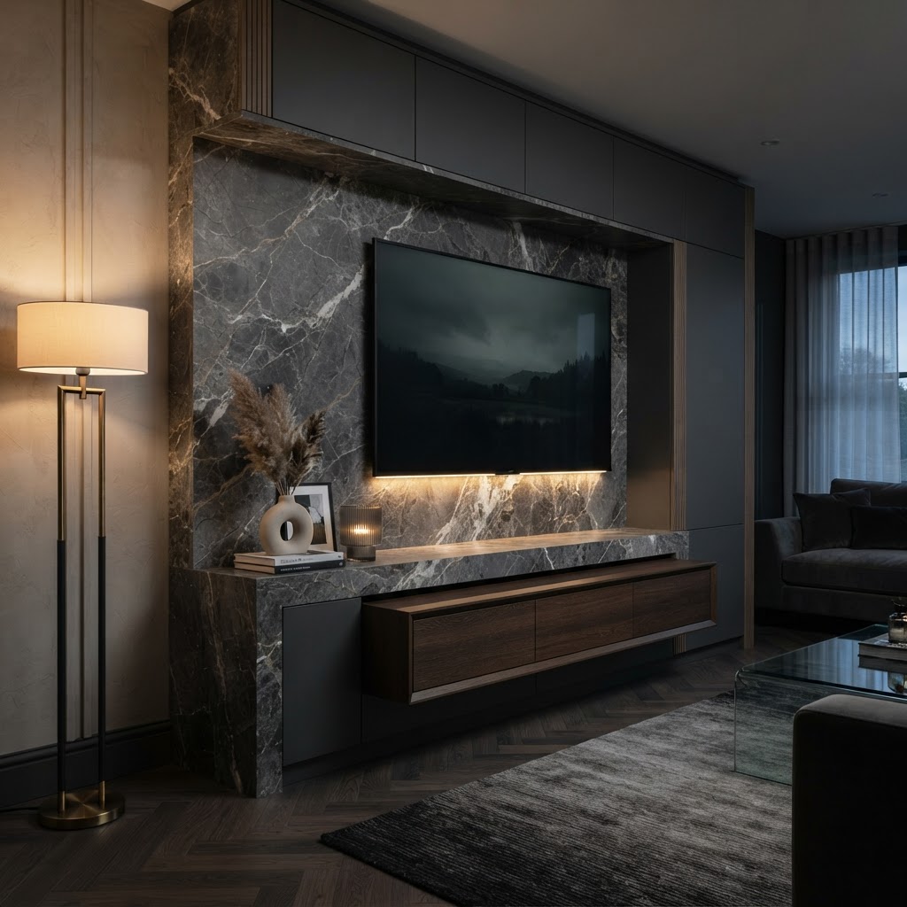 Close-up of premium stone/marble-effect media-wall feature.