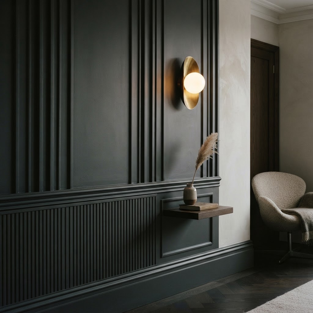 Close-up of beautifully finished painted wall panelling or MDF feature.