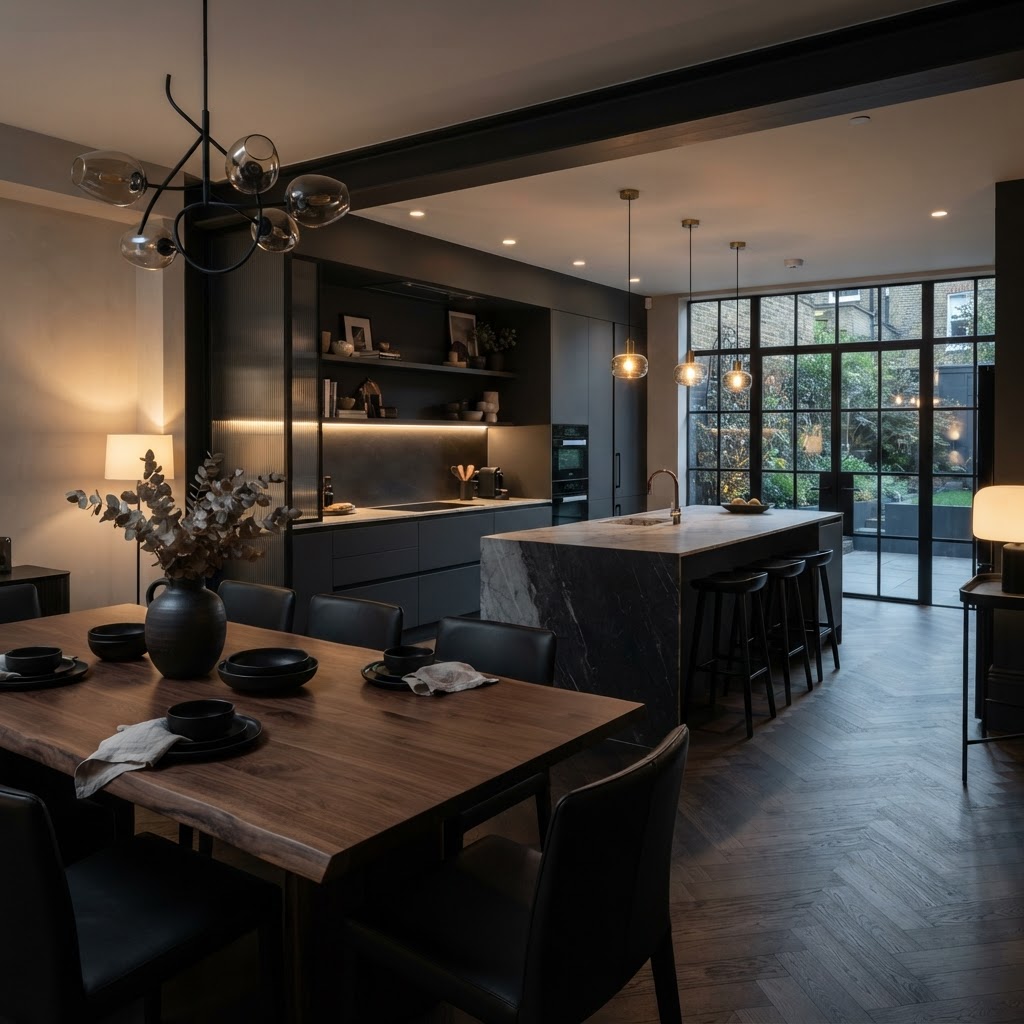 Coordinated open-plan kitchen/dining room.