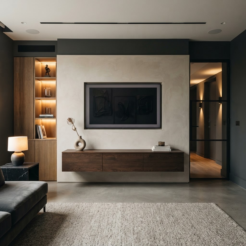 Minimal light-neutral media wall with flush TV, subtle floating unit and no clutter.