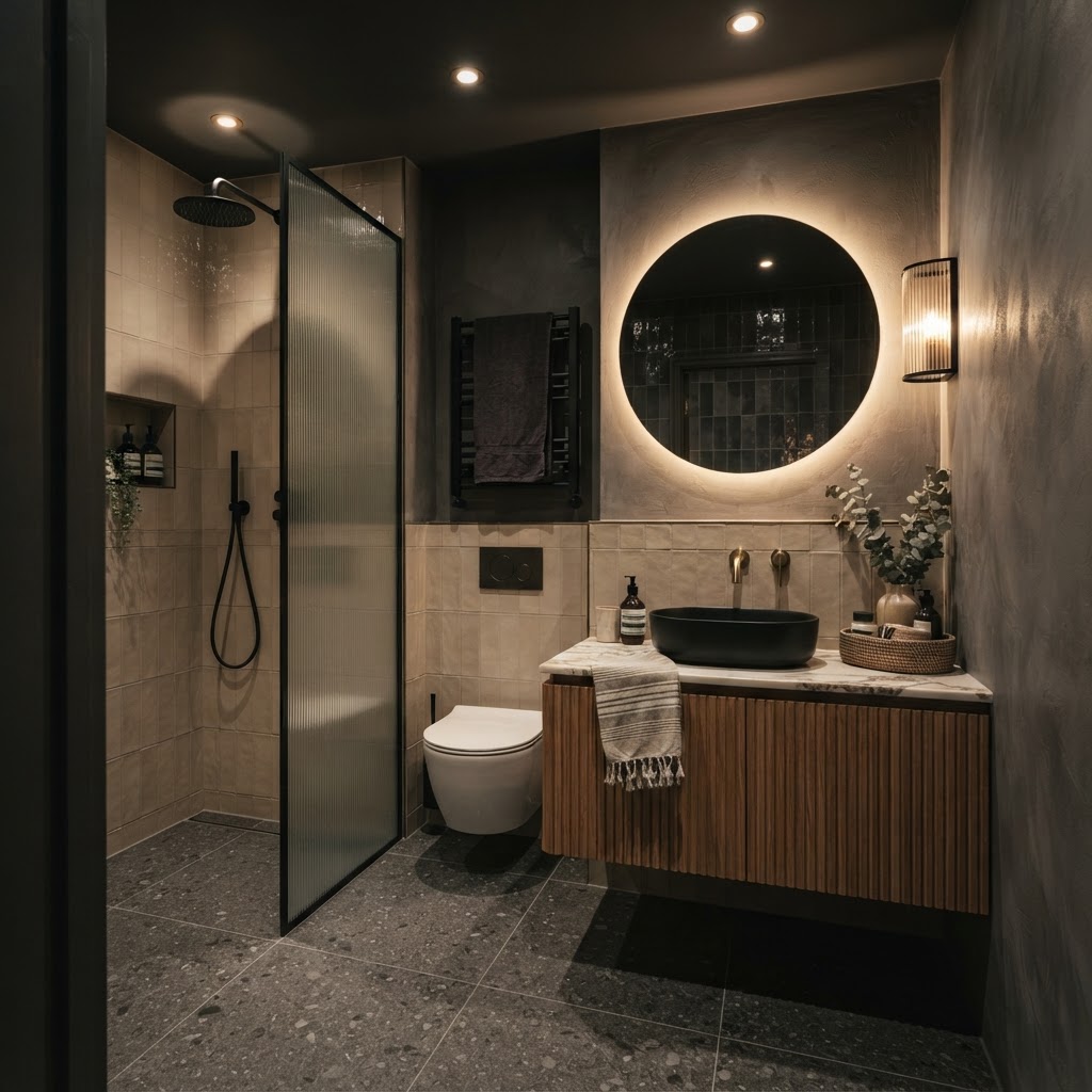 Bright compact bathroom.