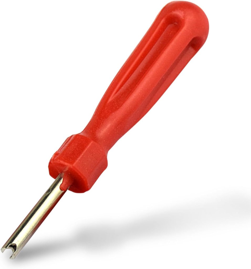 Soccik Valve Core Removal Tool — red plastic handle with precision brass shaft