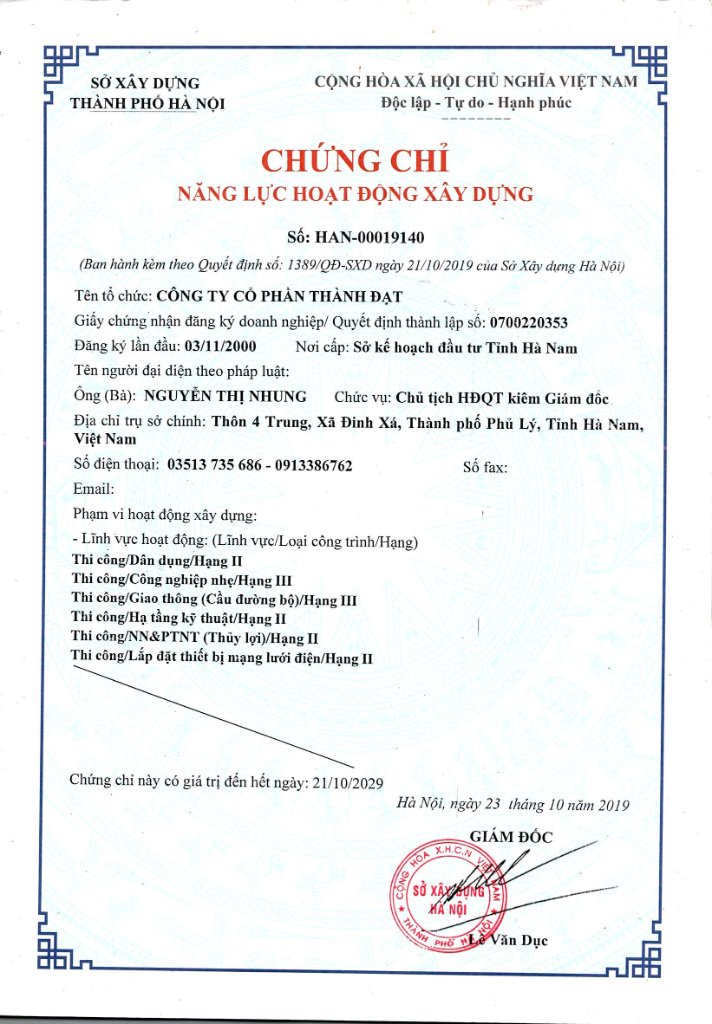 Chứng chỉ năng lực Sở Xây dựng - công ty xây dựng ESG Việt Nam