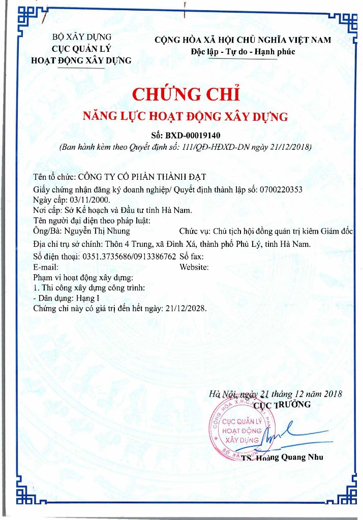 Chứng chỉ năng lực Bộ Xây dựng - nhà thầu xây dựng uy tín