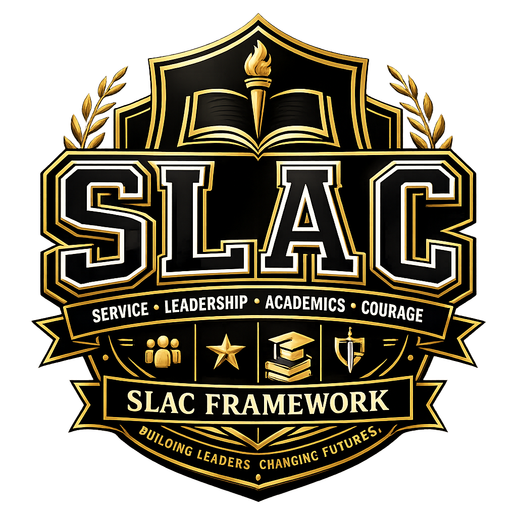 SLAC Framework crest — Service, Leadership, Academics, Courage