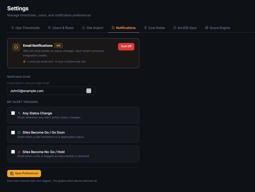AMI Pro Settings — Notifications panel showing email notification toggle and alert trigger checkboxes