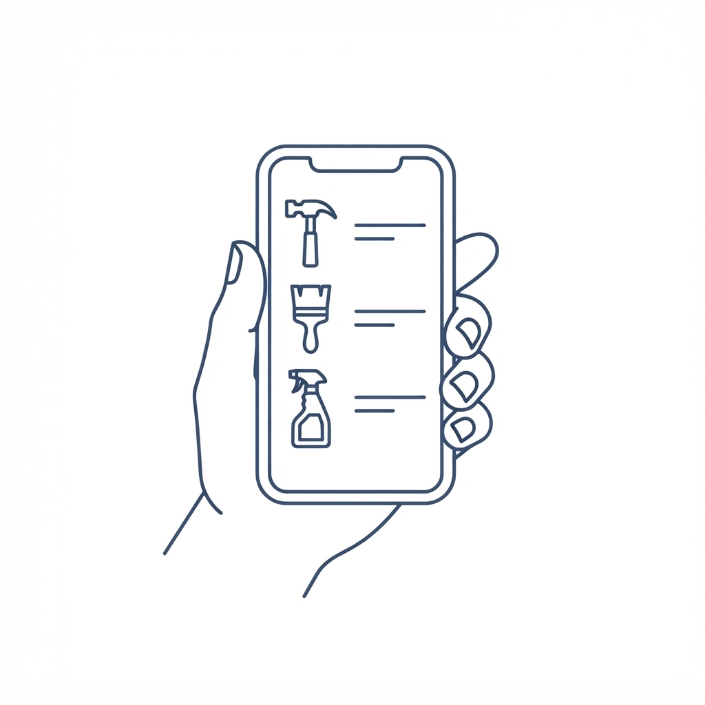 Main tenant un téléphone affichant une liste de services: marteau, pinceau et bouteille de nettoyage