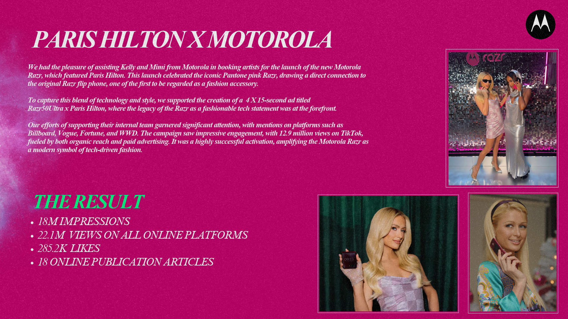 Paris Hilton x Motorola Razr launch campaign imagery.