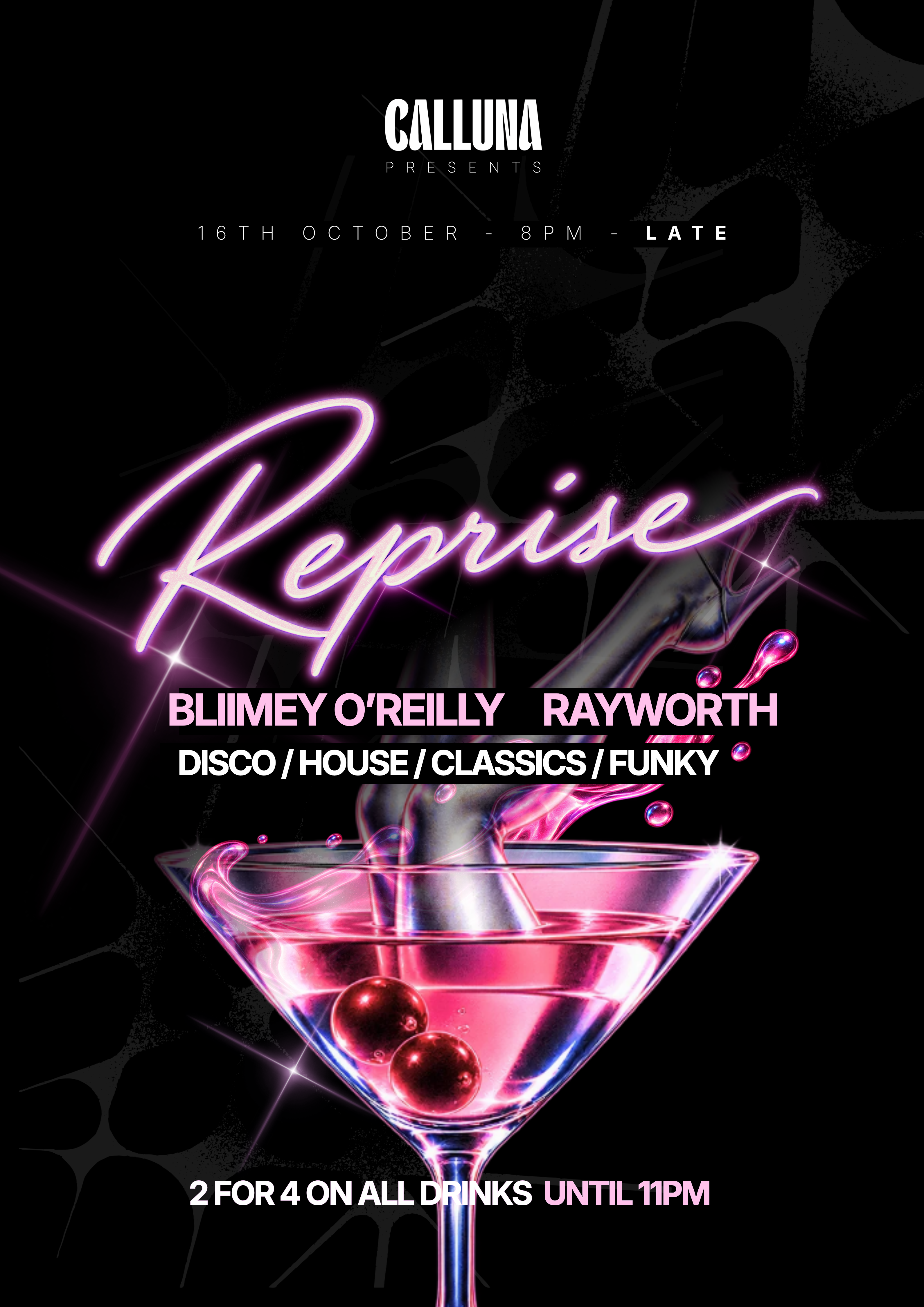 Reprise at Calluna artwork: a cocktail glass with metallic legs rising from the liquid, on a neon pink and black background.