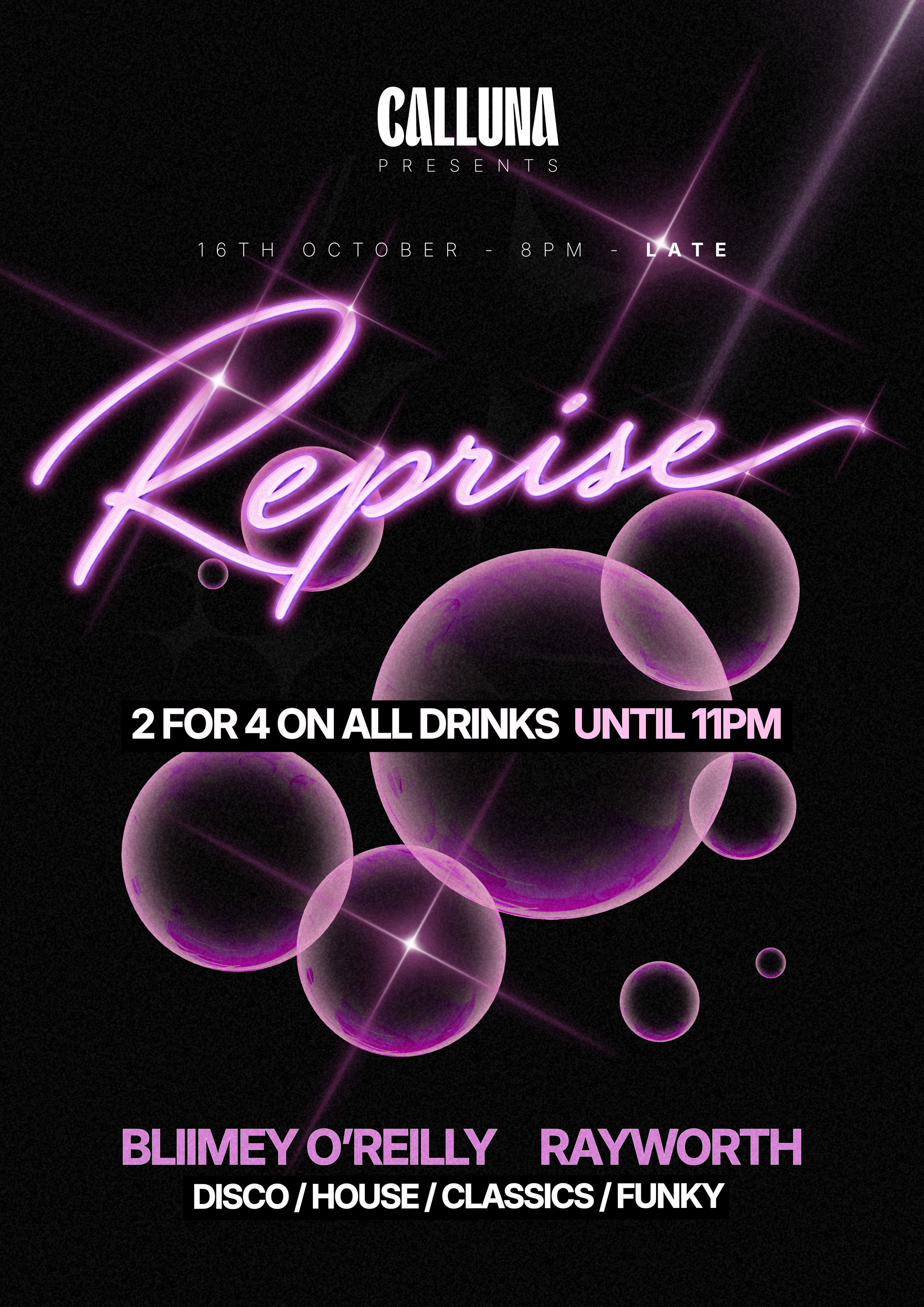 Reprise at Calluna artwork: glowing translucent purple bubbles floating on a dark background.