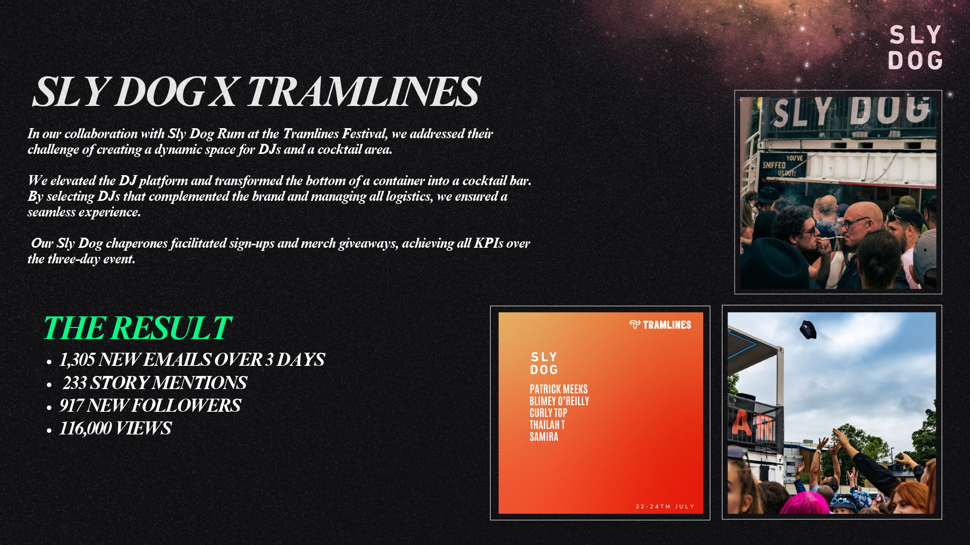 Sly Dog x Tramlines festival activation imagery and lineup card.