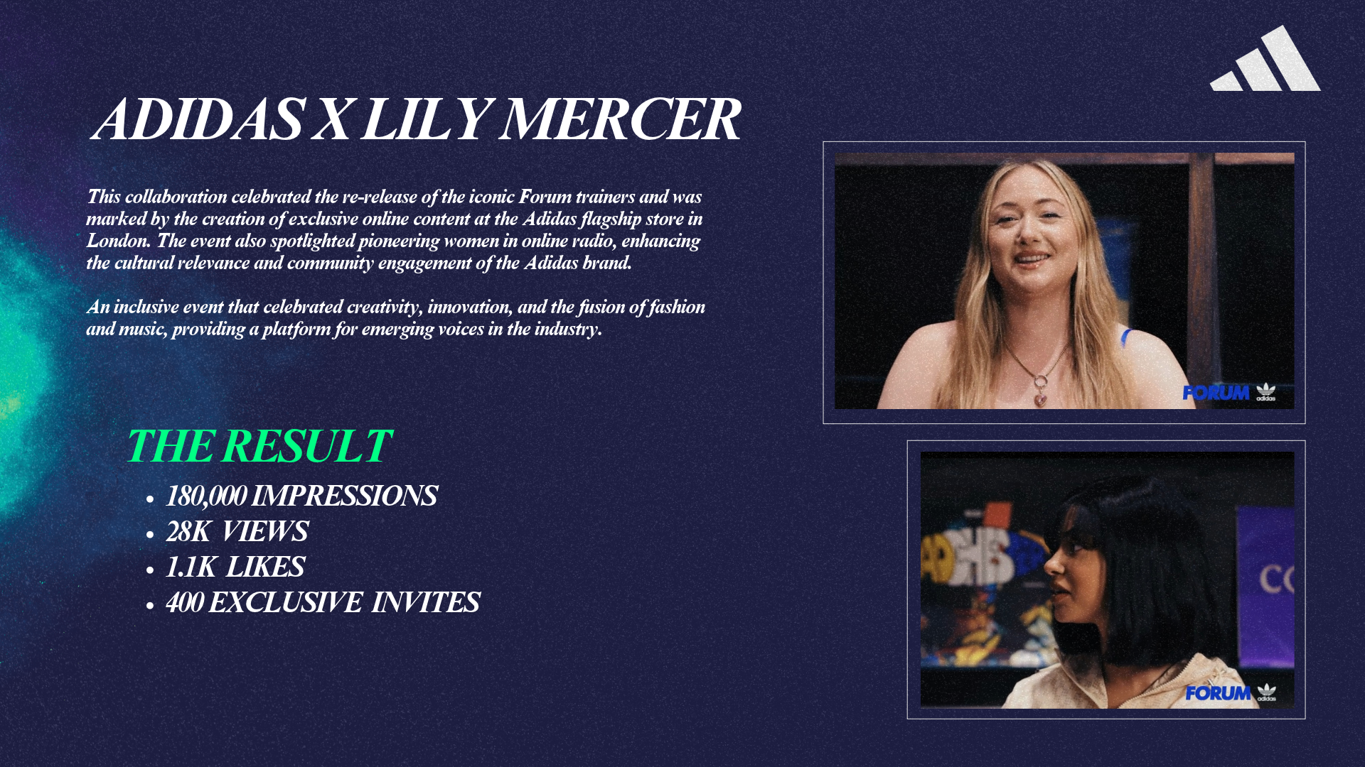 Adidas x Lily Mercer Forum launch event imagery.