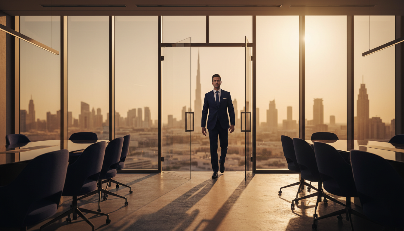 Executive entering modern boardroom at golden hour