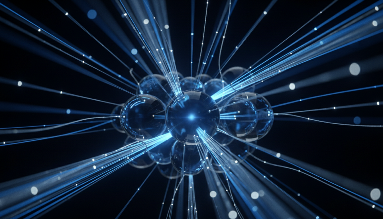 Abstract 3D composition of interconnected glass spheres and fiber-optic threads