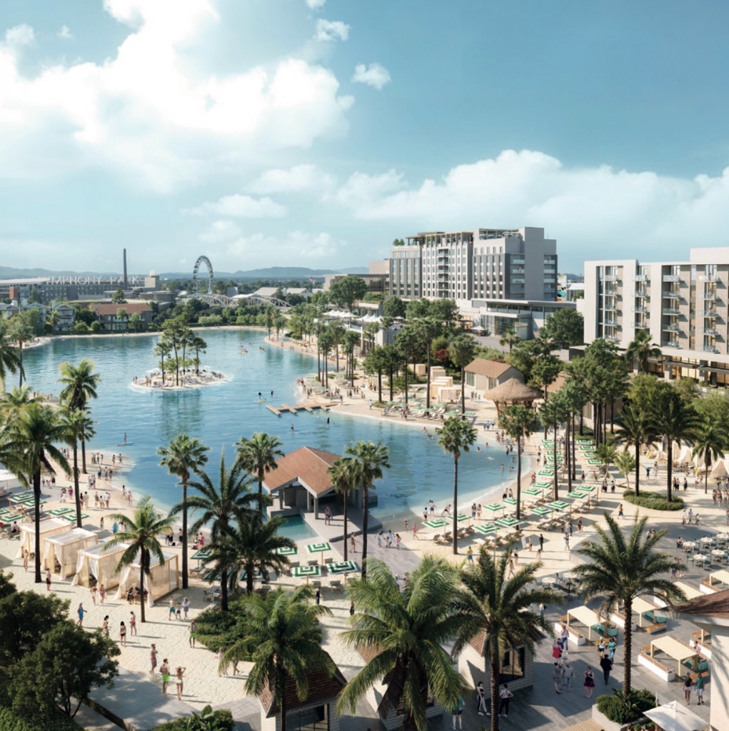 Aerial overview of The Legato lagoon and beach district