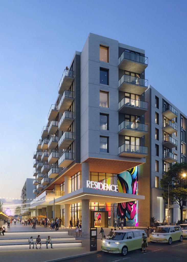 Symphony Park Residence building exterior at dusk