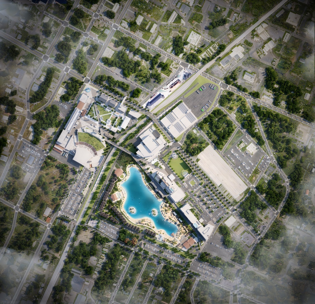 Aerial overview of Symphony Park arts and entertainment district
