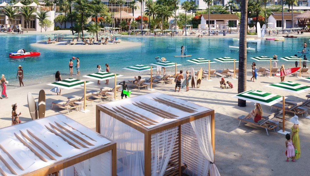 Symphony Park lagoon beach with cabanas and umbrellas