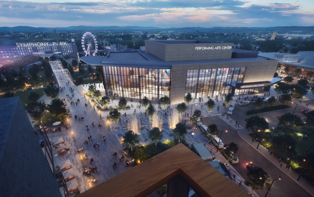 Symphony Park Performing Arts Center aerial view at dusk