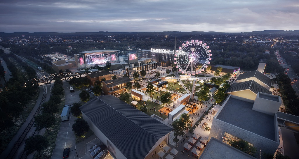 Symphony Park boardwalk aerial render at dusk