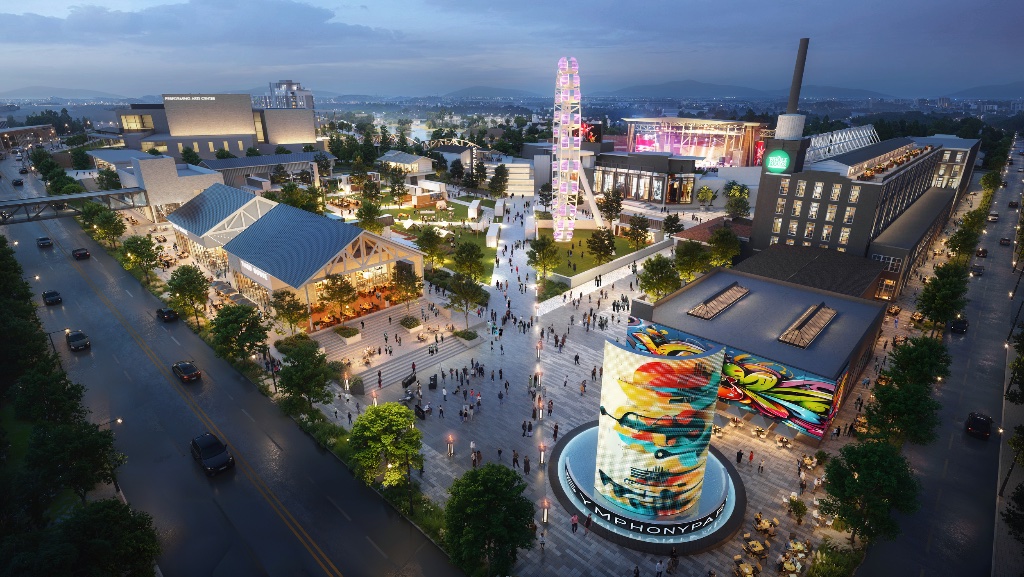 Symphony Park district aerial render at night with Ferris wheel