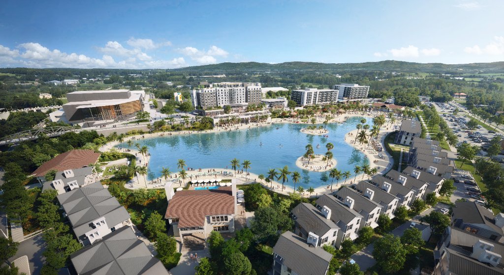 Aerial render of Symphony Park lagoon and district