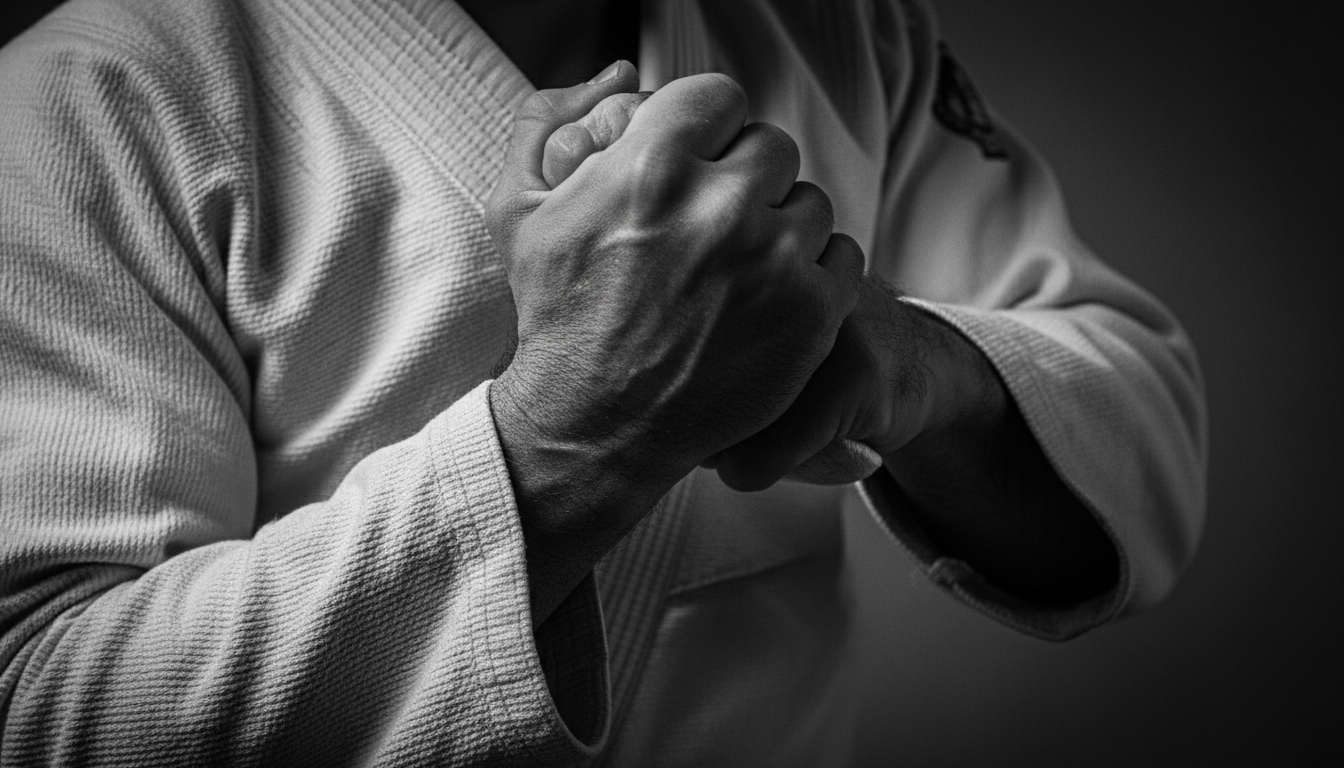 Close-up of a grappling grip showing the intensity and technique of Brazilian Jiu-Jitsu