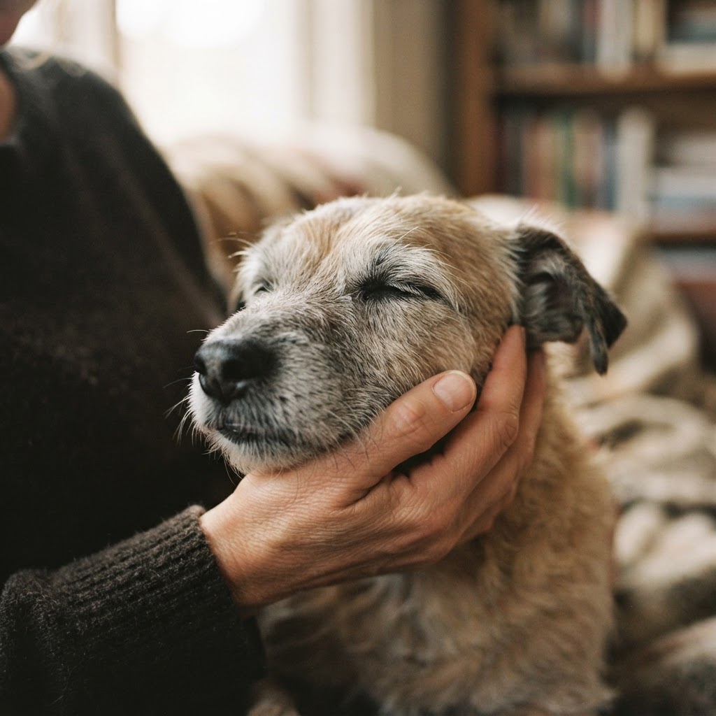 A hand gently cradling an old dog's face