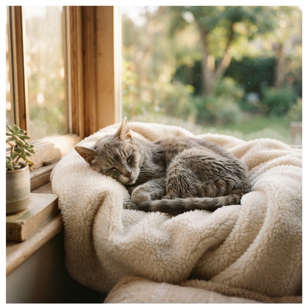 An older cat curled asleep in a soft blanket