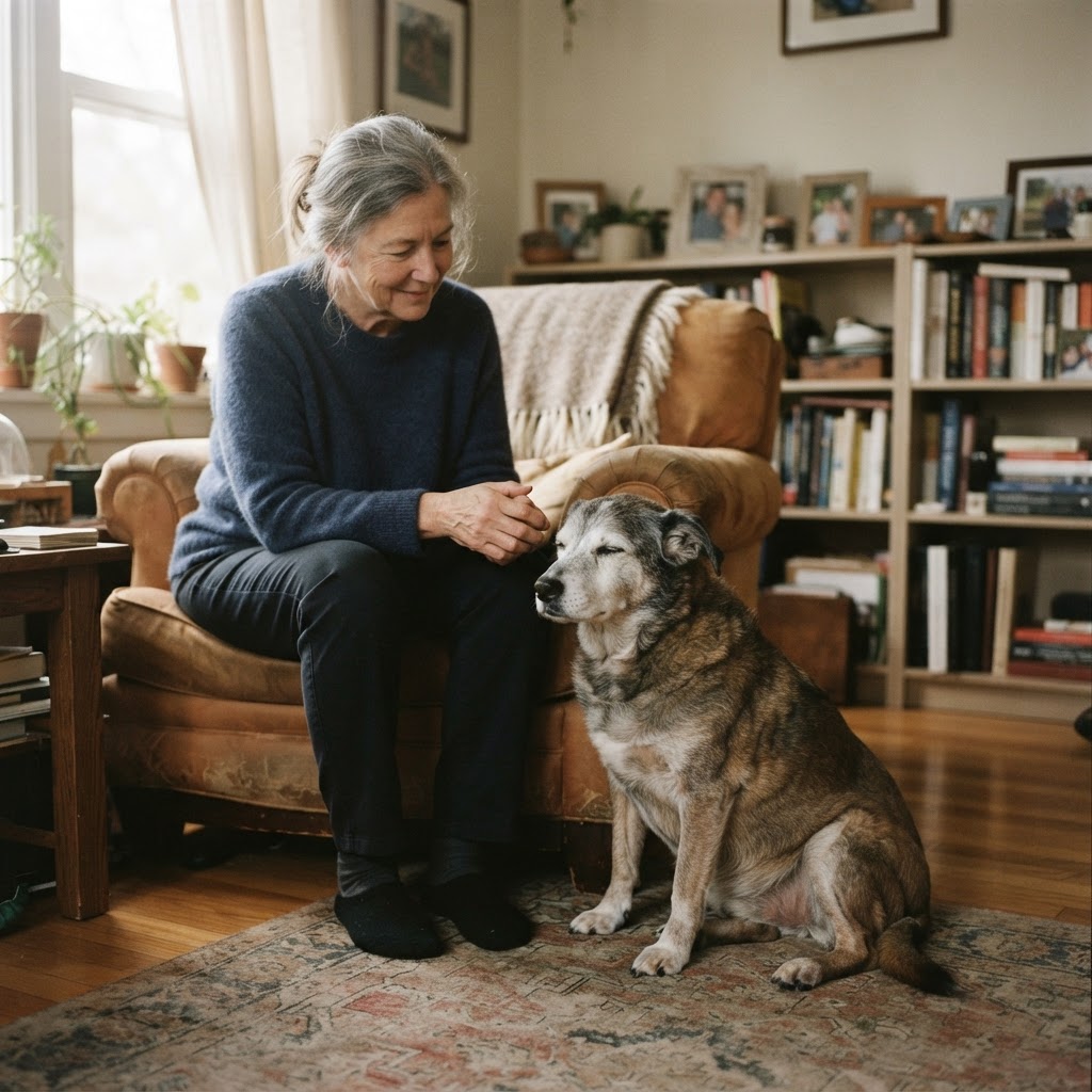 An older dog and its owner sitting quietly together
