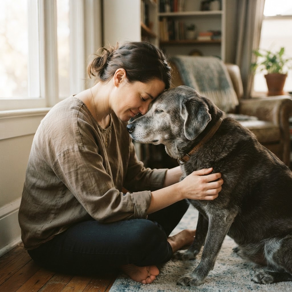A person leaning close, forehead to forehead with their old dog
