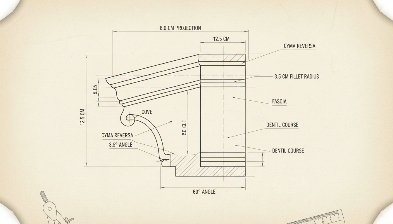 A technical architectural drawing of a classical crown moulding profile with labeled parts.