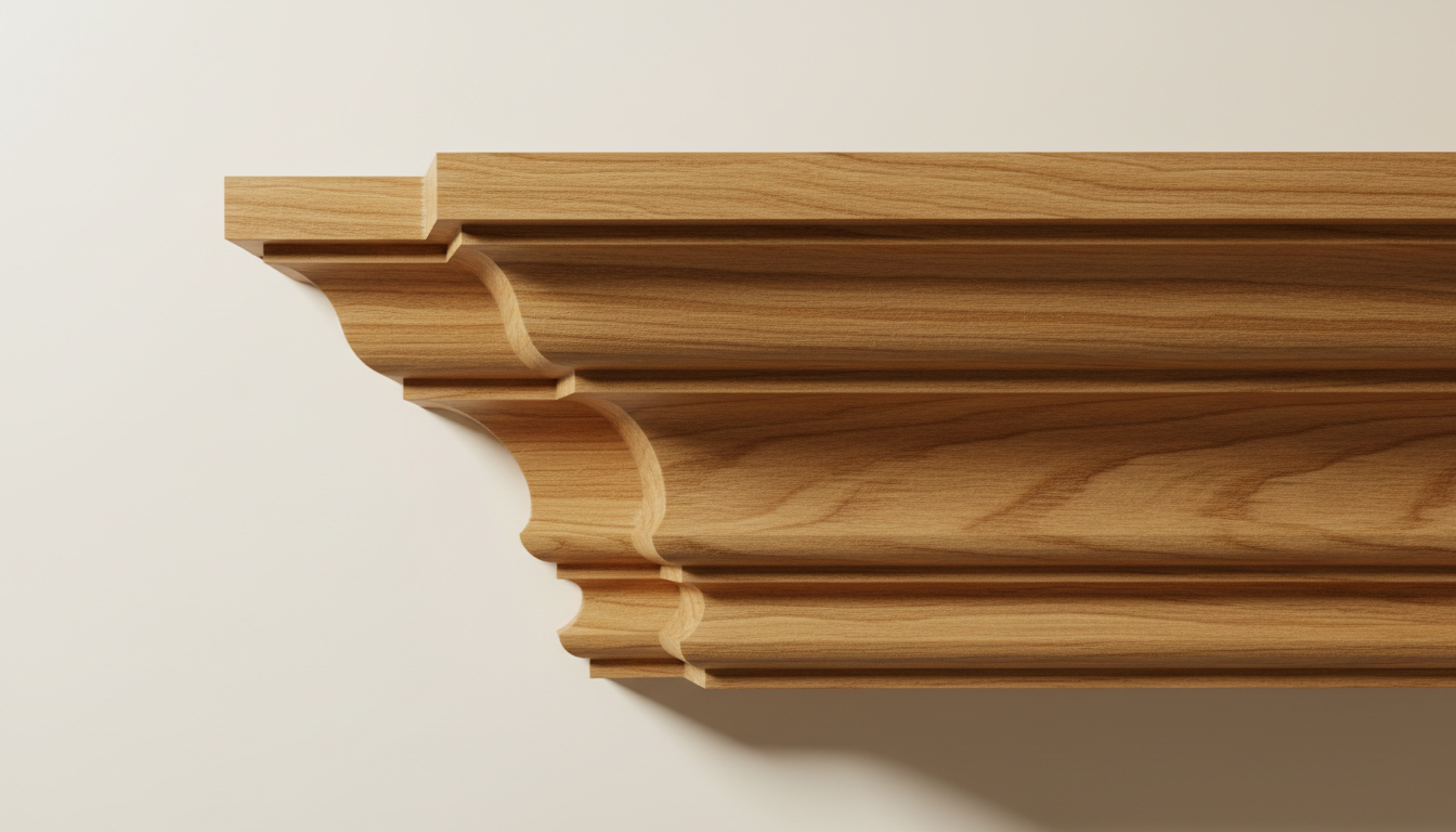 A close-up view of a natural wood crown moulding profile featuring a complex concave and convex edge design.