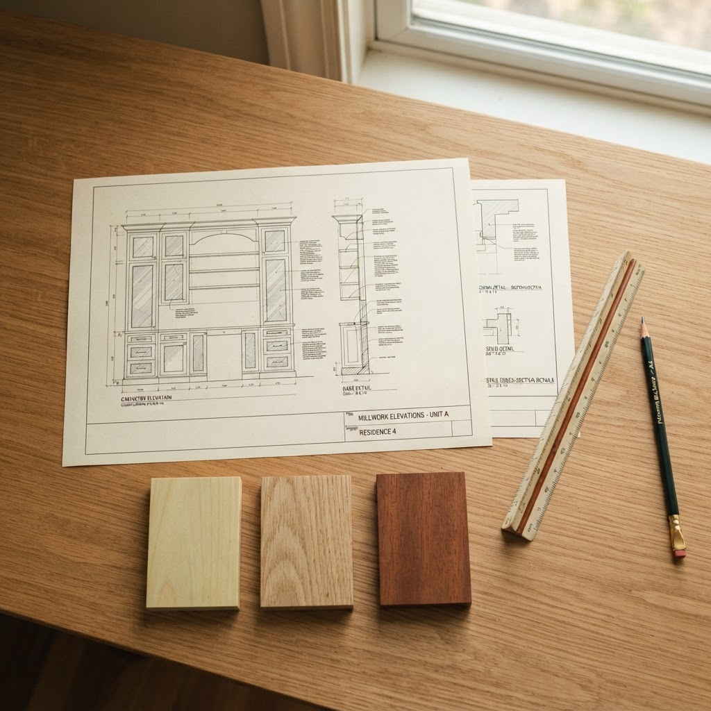 Millwork elevations, profile details, and species samples on a desk