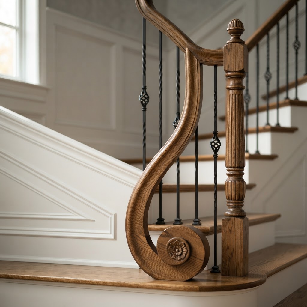Paneled stair skirt and profiled hand rail in white oak