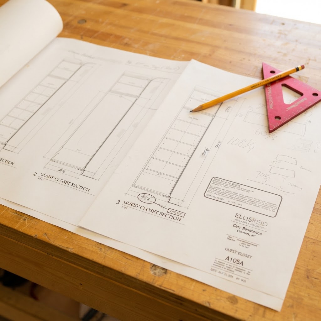 Ellis-Reid guest closet section drawings with penciled field dimensions, tape measure and framing square on the layout table.