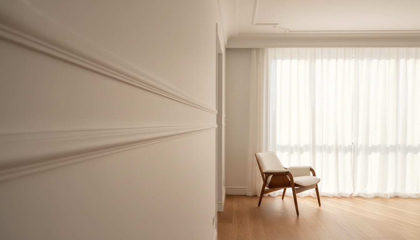 A room interior featuring horizontal wall moulding, crown moulding, and a ceiling detail in a crisp white finish.