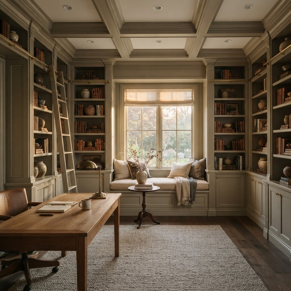 Custom library with built-in bookcases and coffered ceiling