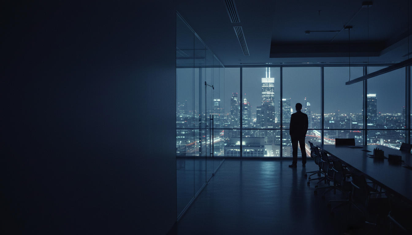 Modern glass-walled boardroom at night with cinematic lighting