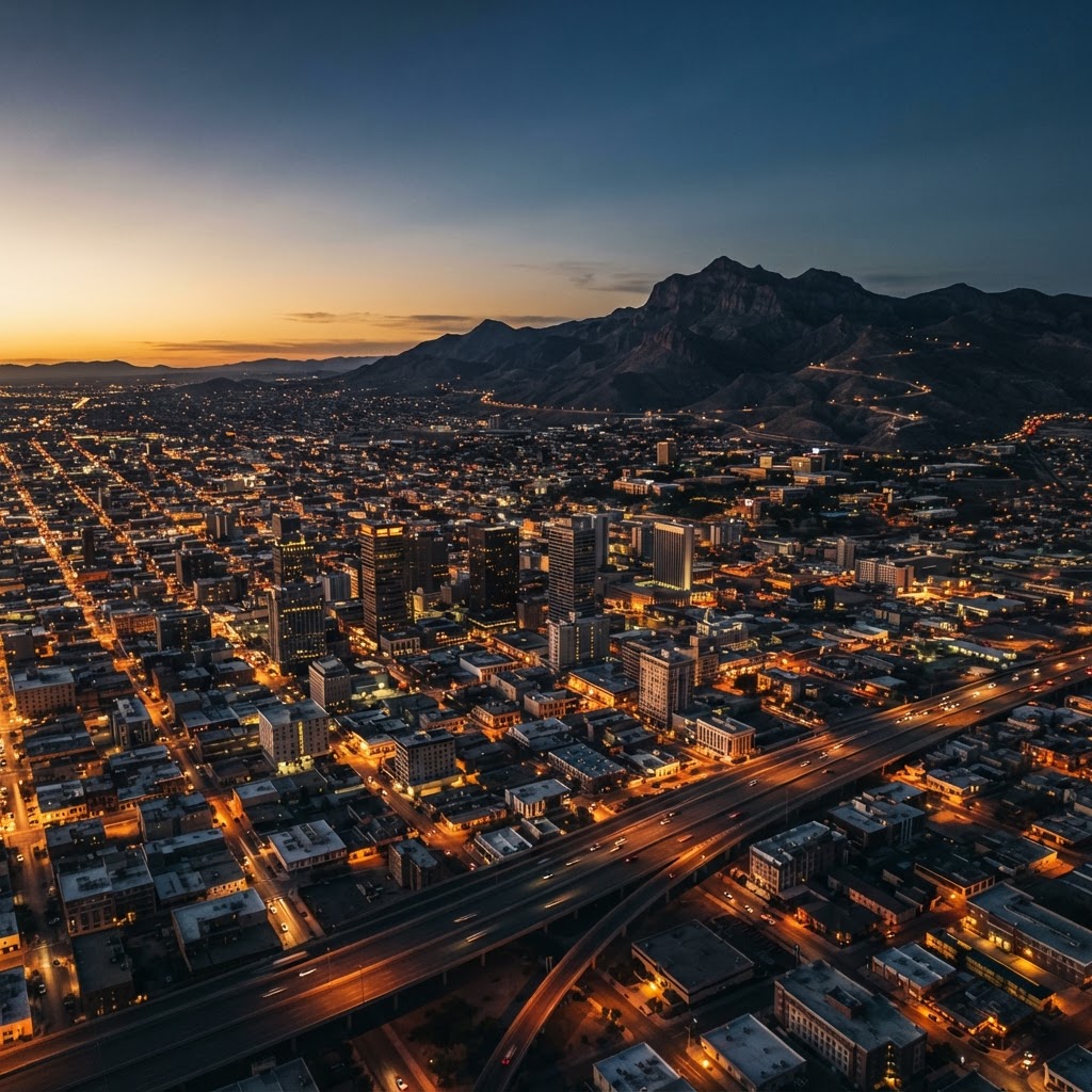 El Paso, Texas at dusk with the Franklin Mountains behind the downtown grid