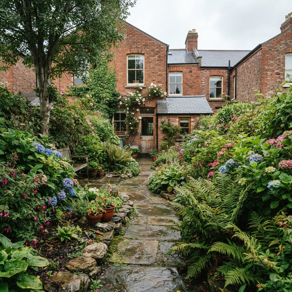 POV shot of a lush private backyard garden behind a Dublin home with flagstone path and diverse planting beds