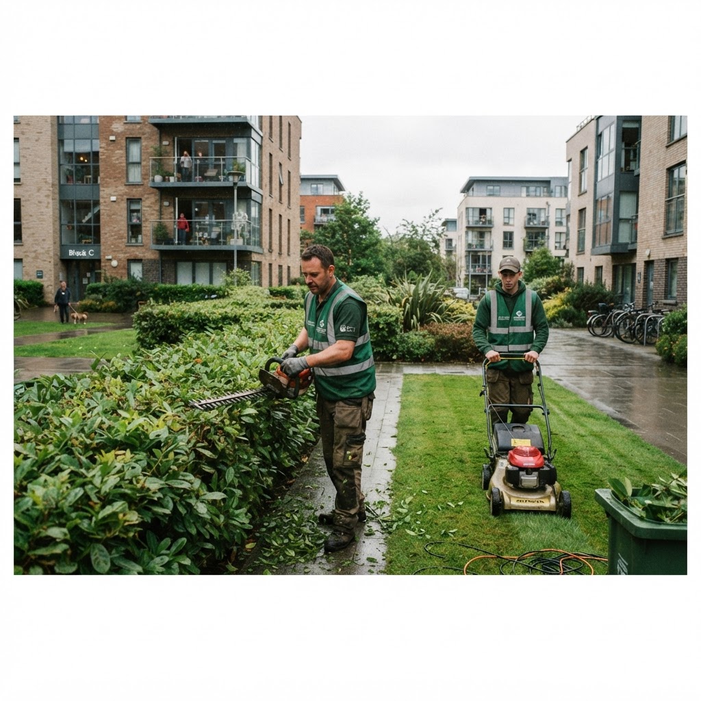 Gardeners in branded high-vis vests maintaining the common grounds of a modern Dublin apartment complex