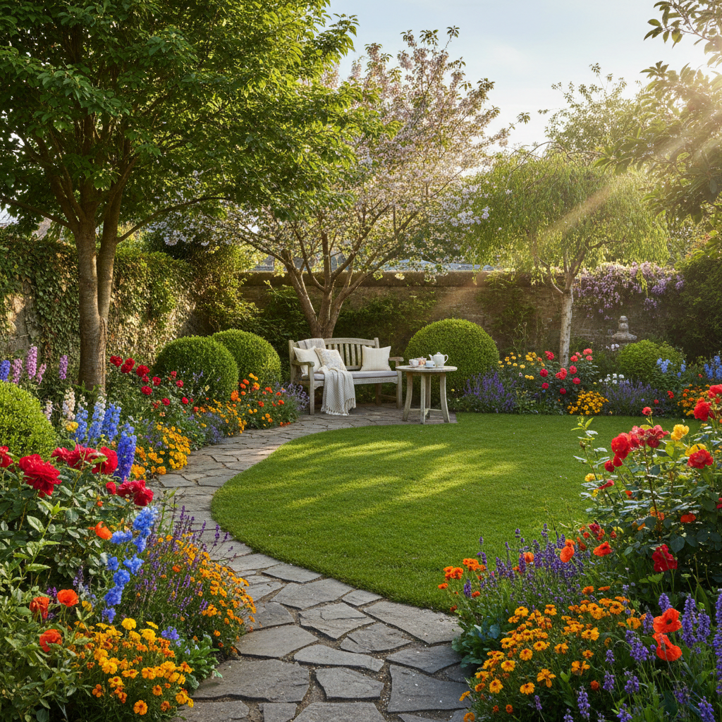 Pristine Dublin residential garden with lush green lawn and granite borders