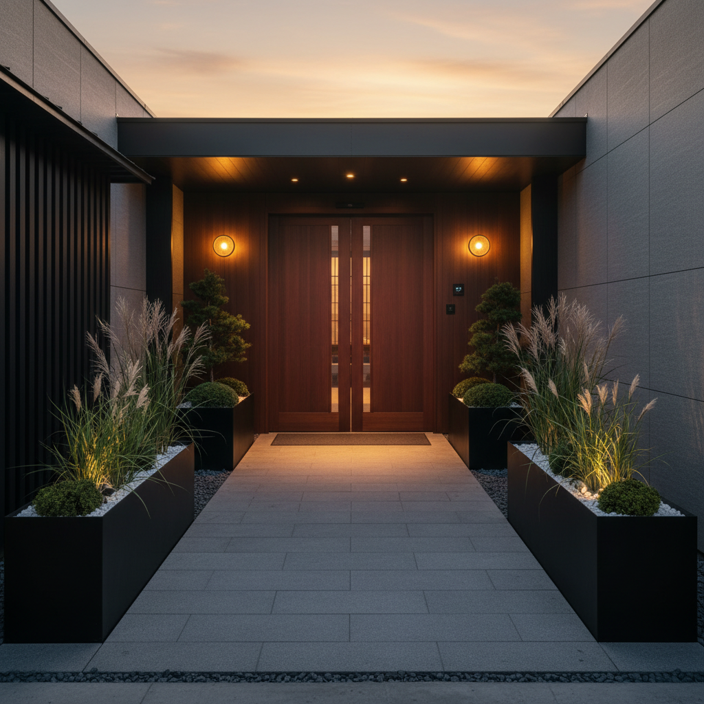 Modern planters near an Asian-style restaurant entrance