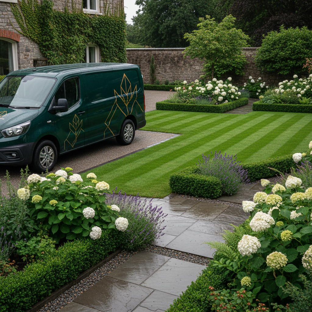 Well-kept Dublin garden with our branded service van on site